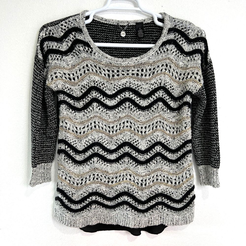 Bke Boutique Black/Gold Womens Small Sweater  3/4 Sleeve Fisherman Knit Pullover